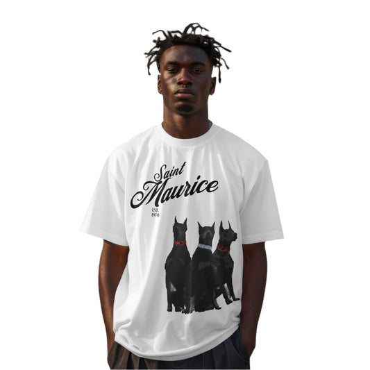 THREE HOUNDS & A SAINT BY MY SIDE! MEN'S T-SHIRT